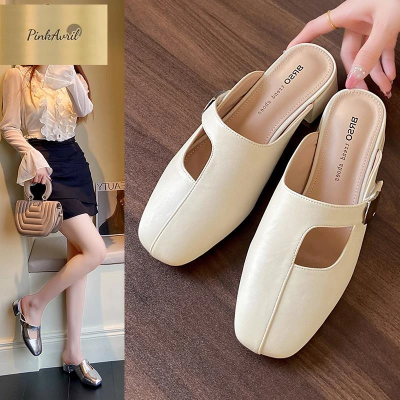 PinkAvril跟脚蹬新款配裙凉夏季包头粗一方头拖拖鞋银色半拖女202