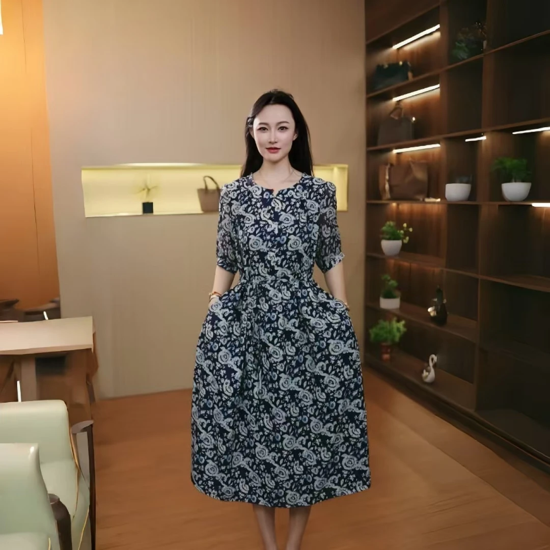 10549-夏季新款亲肤短袖时妈妈连衣裙大码遮肉显瘦气质裙子【依】