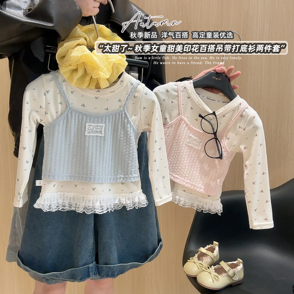 韩系女童秋季小清新打底衫蕾丝花边磨毛假两件上衣