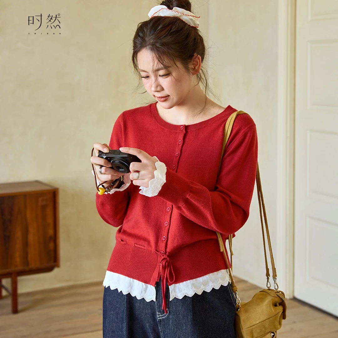 时然【酒心絮语】​​微胖大码女装宽松圆领罗纹蕾丝花边拼接针织套装