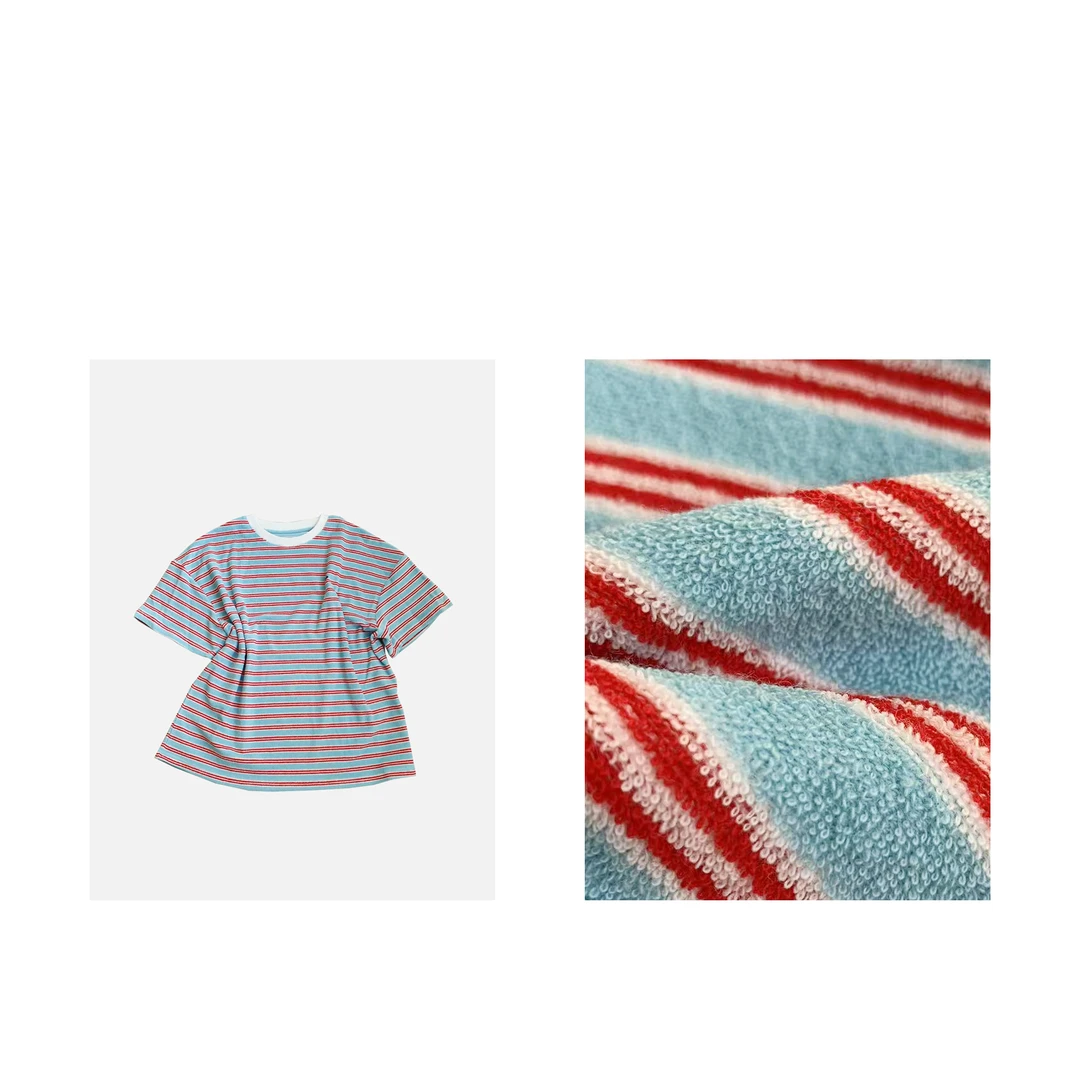 MAINRAY-「两色条纹」日系休闲毛巾多巴胺条纹宽松圆领短袖T恤