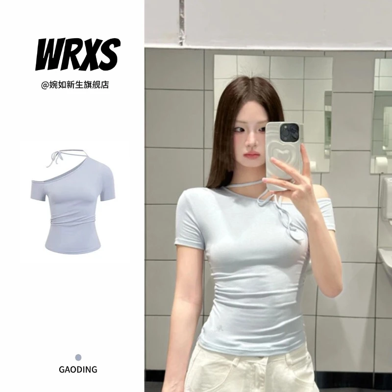 【婉如新生】蓝色纯欲不规则绑带斜肩短袖t恤女夏季辣妹修身上衣ins