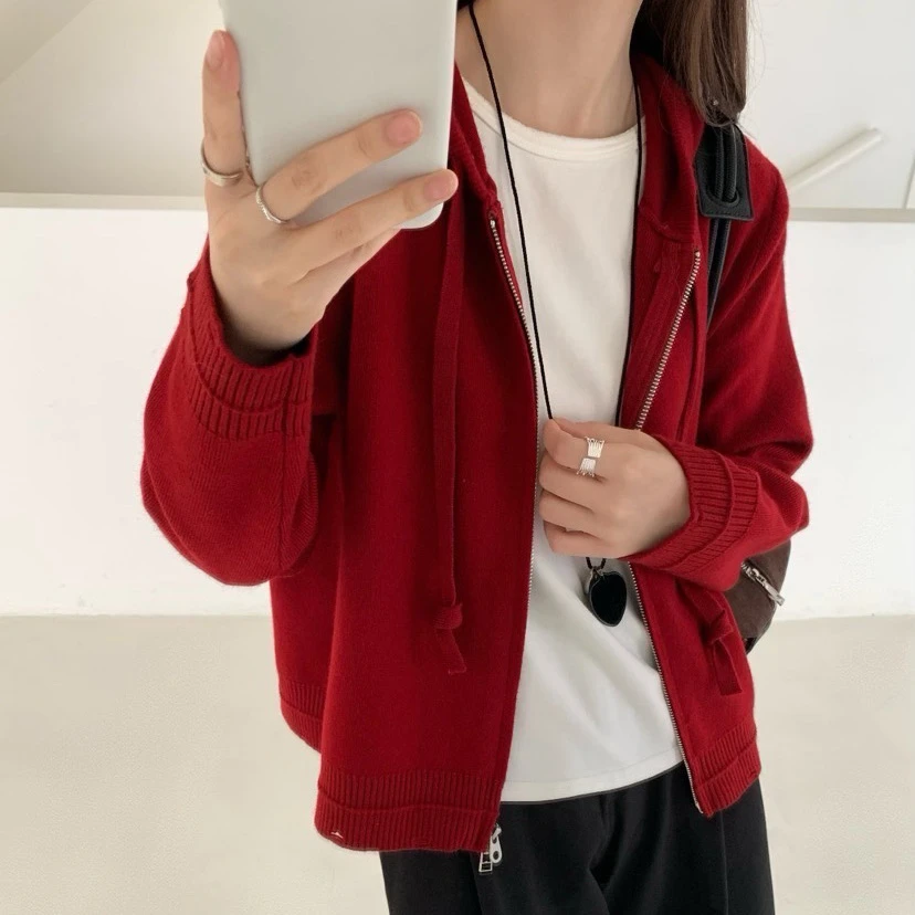 玲姐定制-连帽抽绳双拉链纯色宽松休闲破洞下摆款针织开衫475235