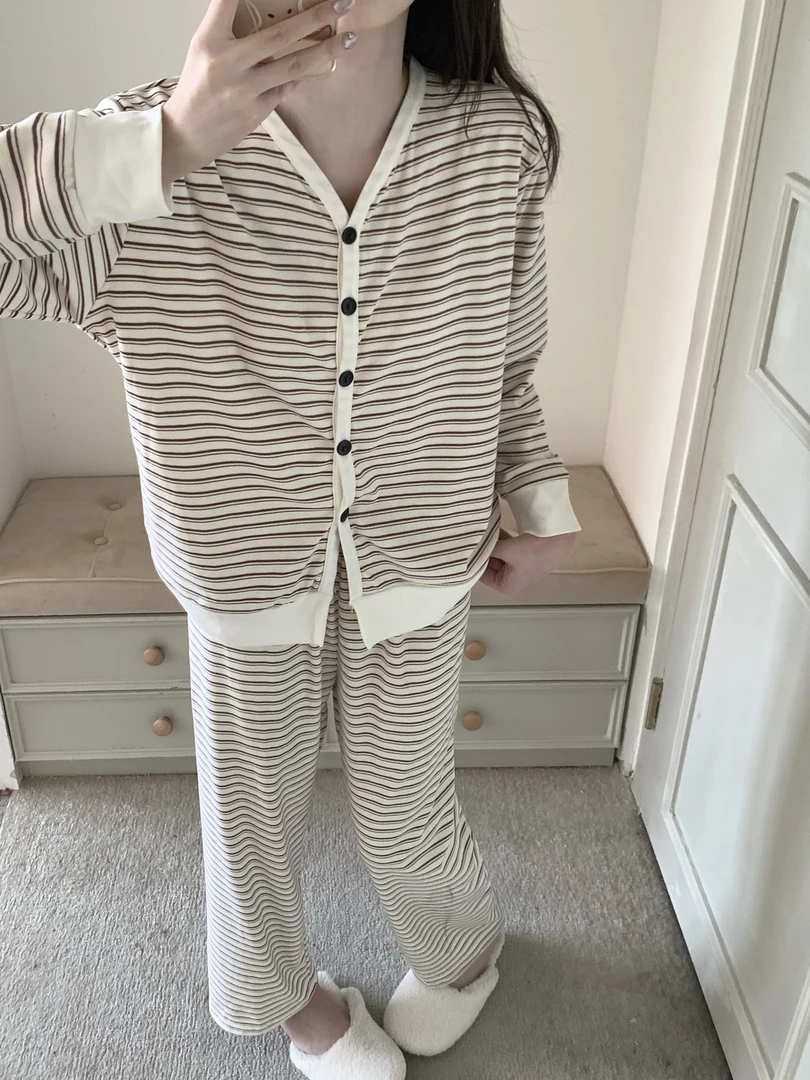 ins风条纹睡衣女秋冬季开衫长袖糯米绒高级感可外穿家居服套装