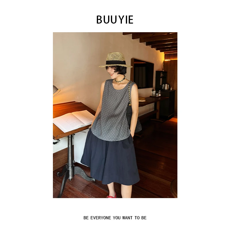 BUUYIE 25SS【星晚】小众复古无袖蓝雾灰波点背心 250717