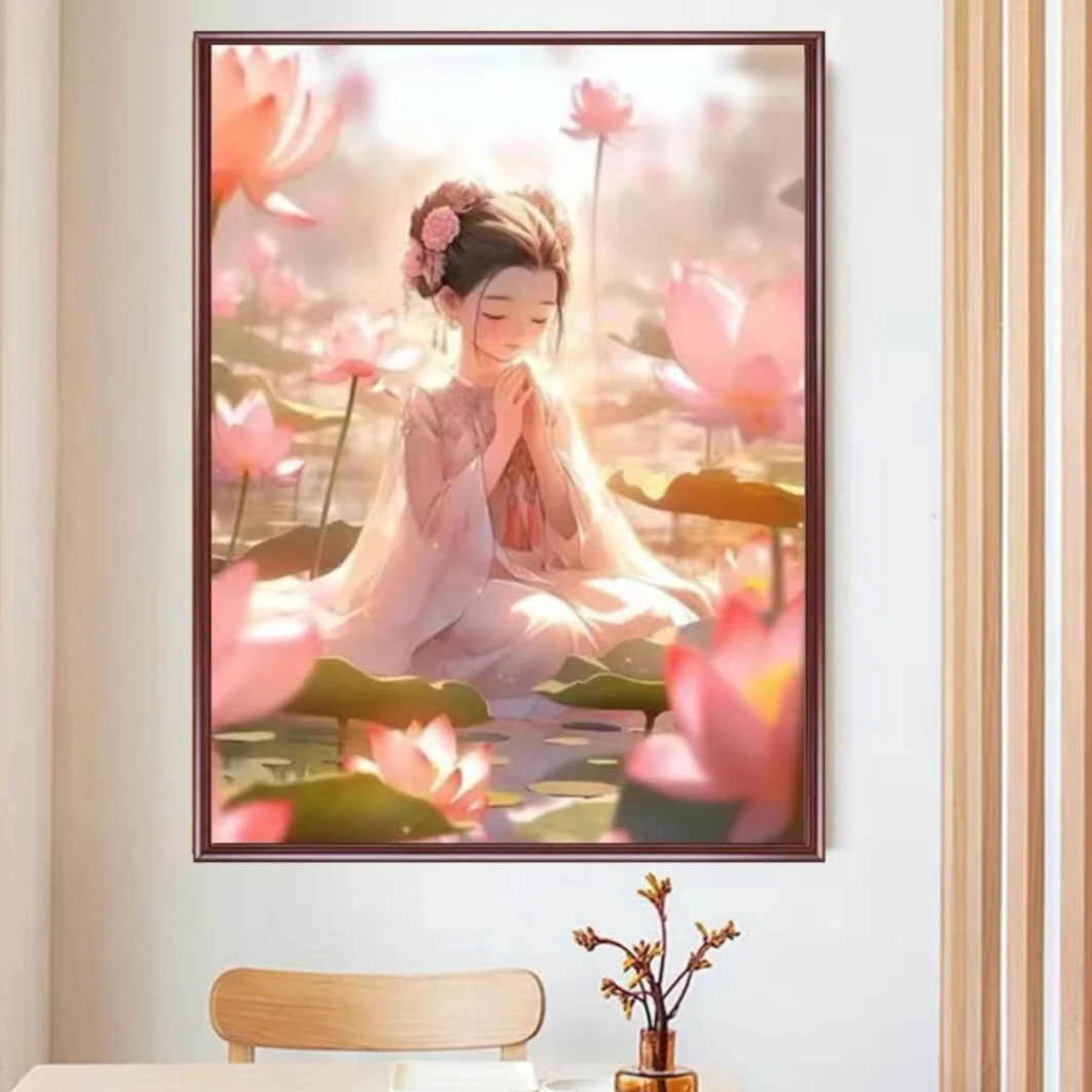 纯手工十字绣成品祈愿少女2024新款小件客厅卧室荷花美女简约挂画