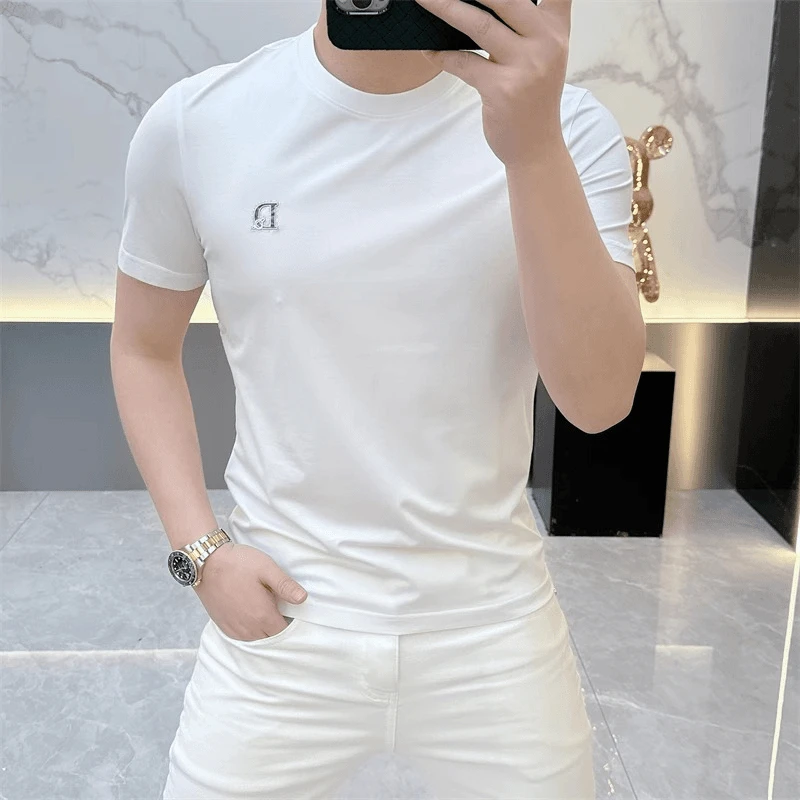 欧货轻奢高品质男士短袖T恤丝光棉时尚潮流休闲百搭半袖纯色上衣