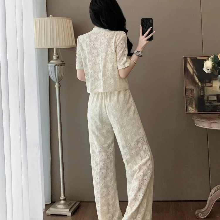 韩系减龄高级感运动套装女夏蕾丝镂空阔腿裤套装