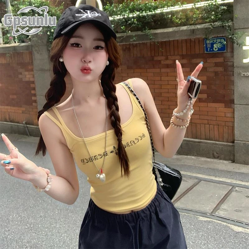 gpsunlu字母黄色吊带女外穿背心带胸垫内搭别致甜辣炸街美式上衣