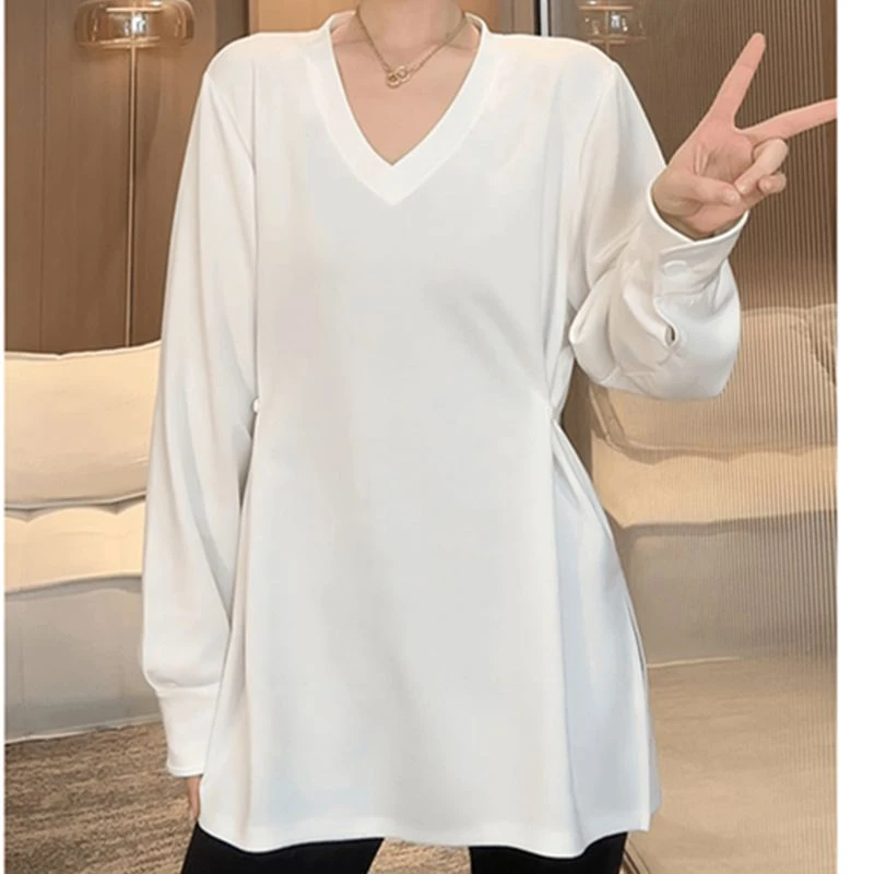 大码白色休闲v领长袖t恤女春秋胖mm中长款遮肚子显瘦内搭打底上衣