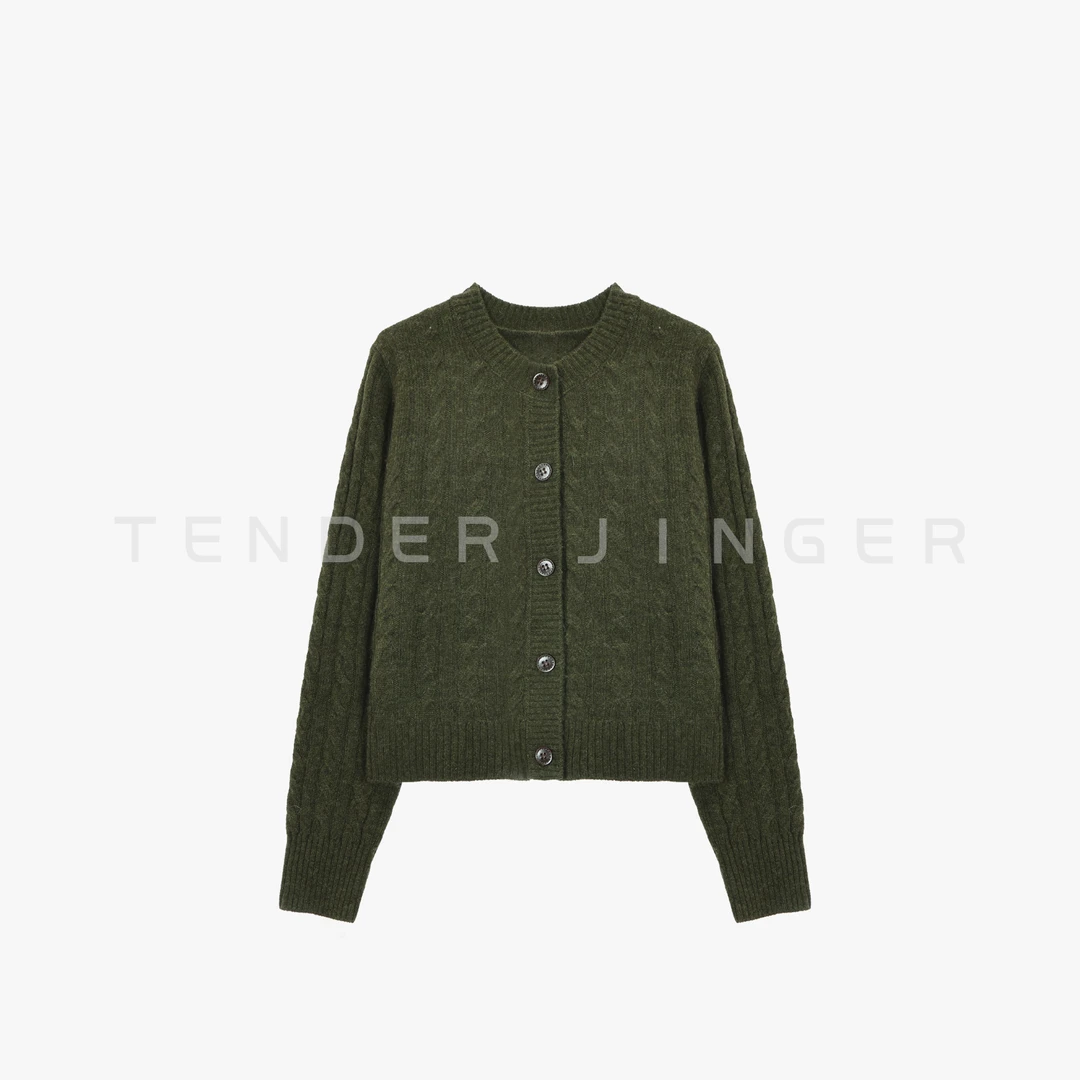 Tender Jinger｜圆领绞花牦牛绒混纺开衫T54DDD50568