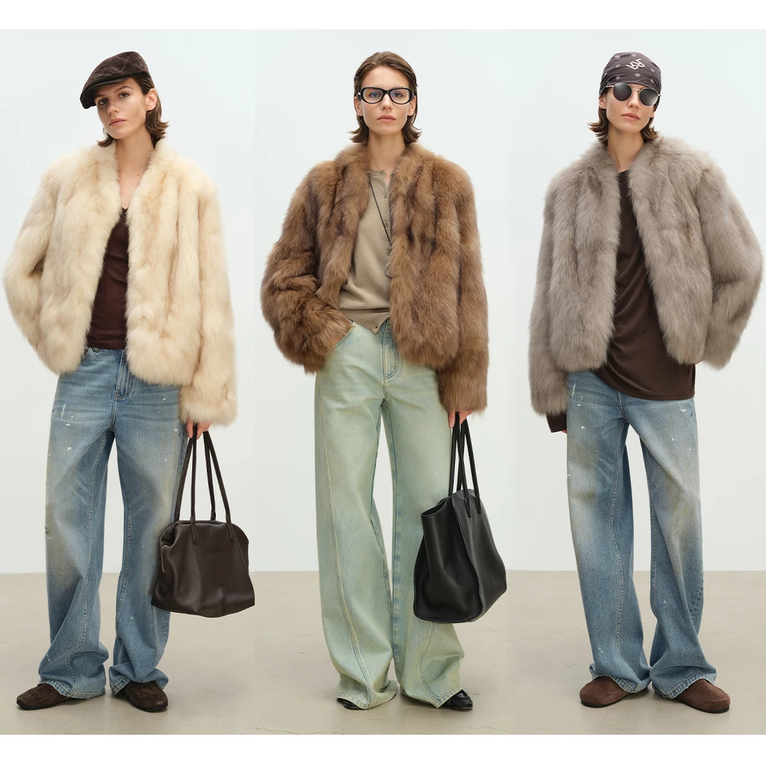 MSBEAST/野兽小姐霜华映月 进口蓝狐坎毛晕染霜色V领短款狐狸毛