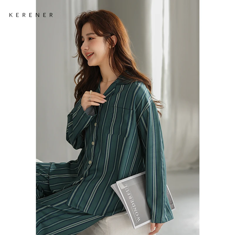 可人儿原创设计新款超柔缎女士睡衣春秋长袖时尚可外出家居服套装