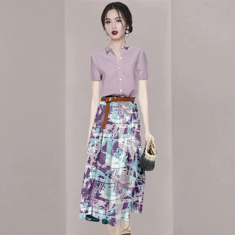 气质名媛休闲时尚套装女夏季短袖衬衫半身裙子两件套减龄