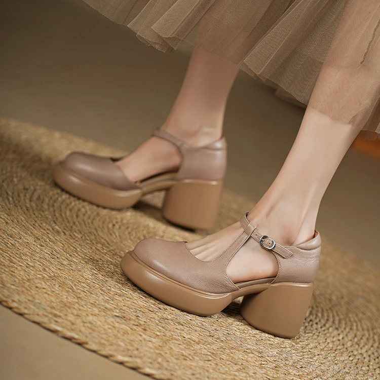 羊皮 跟7.5cm法式复古高跟包头凉鞋包头春夏小个子时装凉鞋一字带