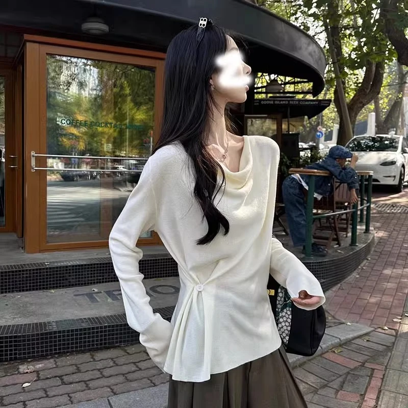 独特超好看荡领收腰系带针织衫女春秋季2025新款宽松洋气内搭上衣