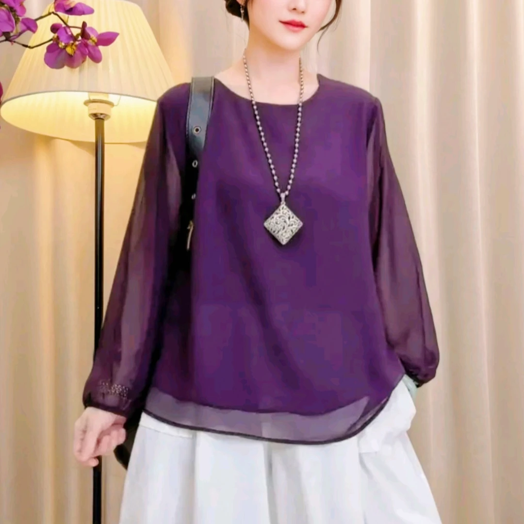 洋气减龄女装紫色圆领长袖衬衫女2025秋季宽松显瘦黑色上衣雪纺衫
