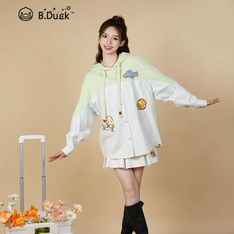 B.Duck小黄鸭2025年春夏新款撞色拼接复古减龄宽松连帽长袖衬衣女