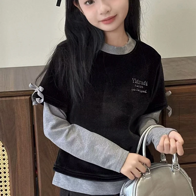 7307童装假两件印花德绒T