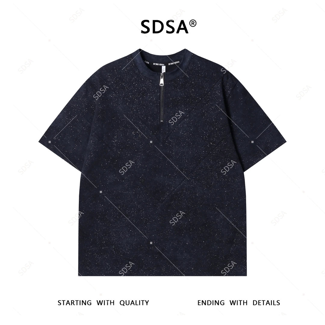 夏季高级感新款男士简约满天星半拉链圆领设计短袖T恤显瘦百搭