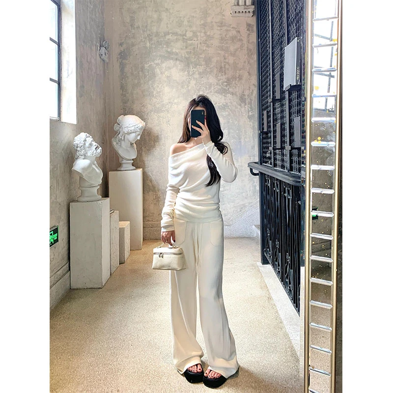 纯欲慵懒风女装温柔气质斜肩长袖夏季高腰白色阔腿休闲裤两件套潮