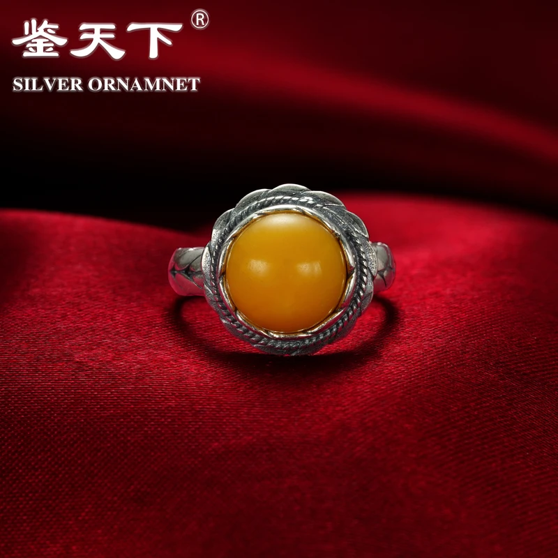 925银戒指 [鉴天下]复古树叶编织纹圆蛋面开口戒指08700031气质