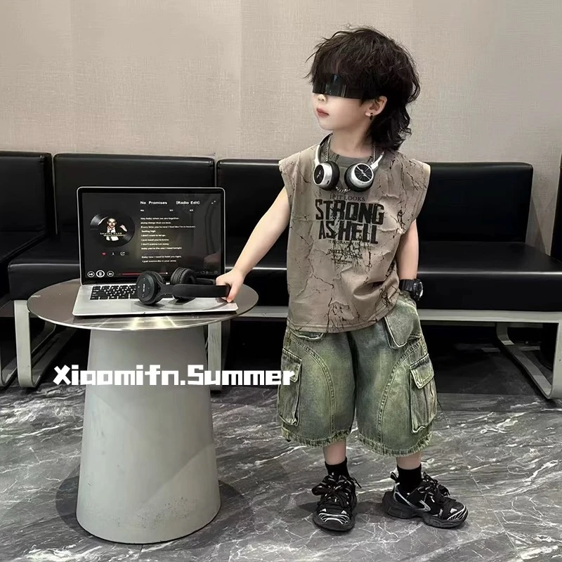 男童T恤2025新款夏季无袖背心韩版中大儿童夏装上衣t男孩印花坎肩