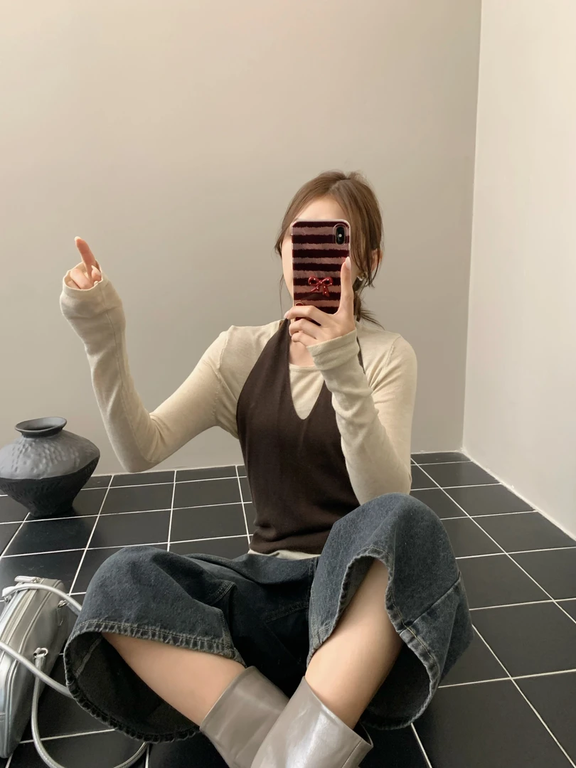 韩系叠穿挂脖针织背心打底衫女秋季新款洋气内搭长袖上衣两件套潮