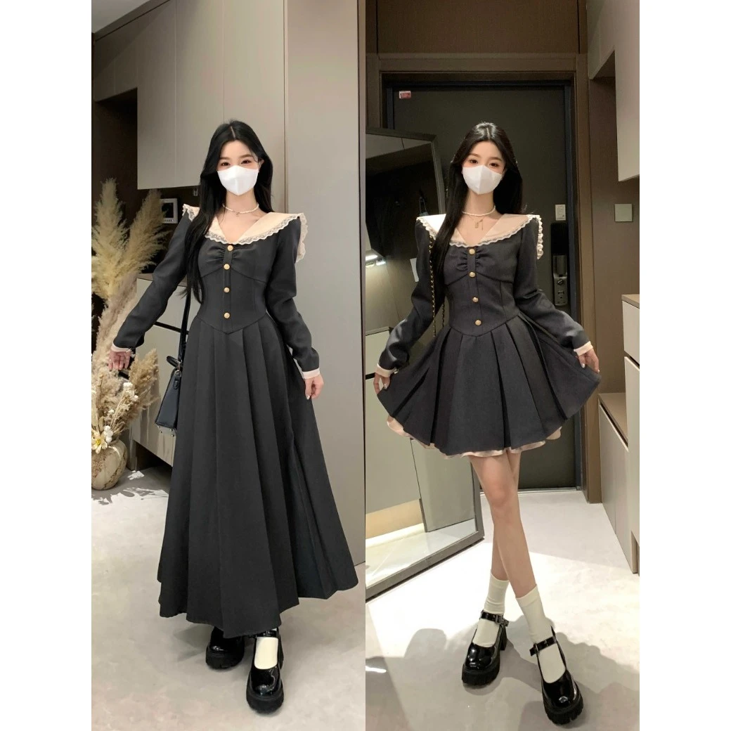 微胖女装灰色复古法式赫本风气质遮肉显瘦时尚百搭连衣裙子长短款