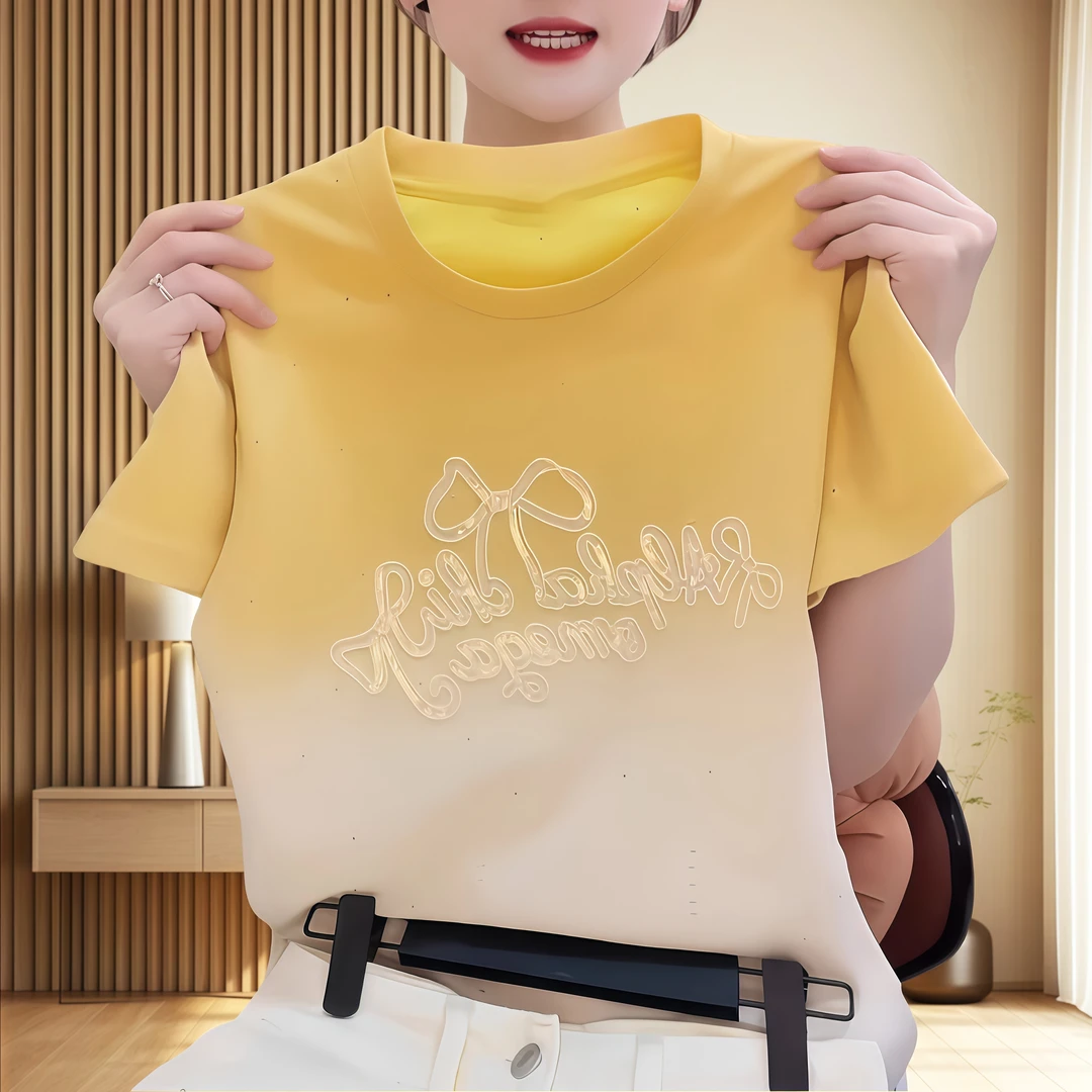 夏季时尚减龄薄款t恤女ins休闲短袖新款重工字母纯棉渐变色上衣女