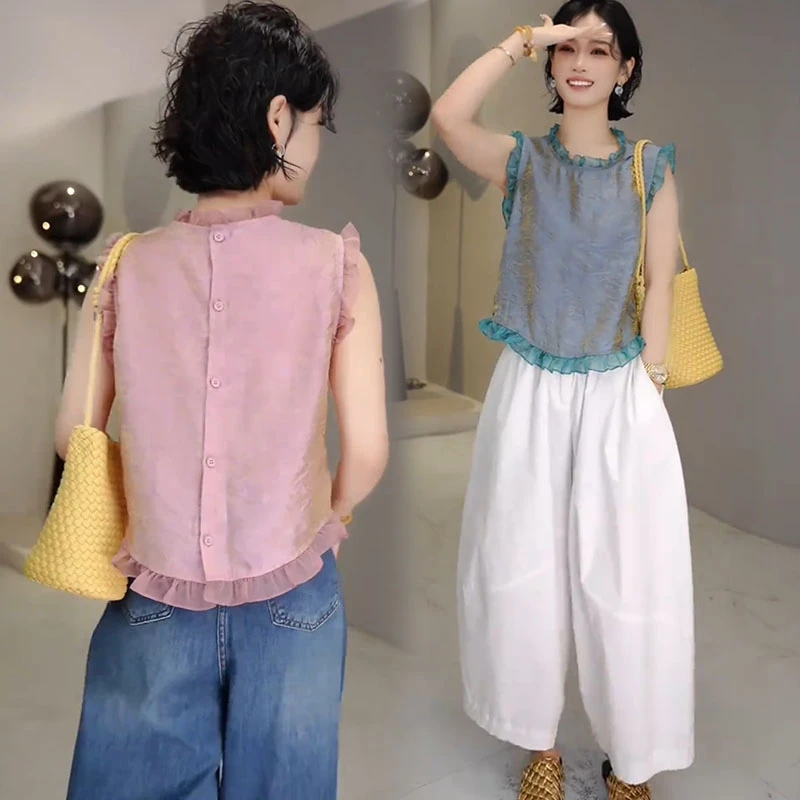 法式蕾丝花边领暗纹提花无袖衬衫女夏高级感时尚气质减龄别致上衣