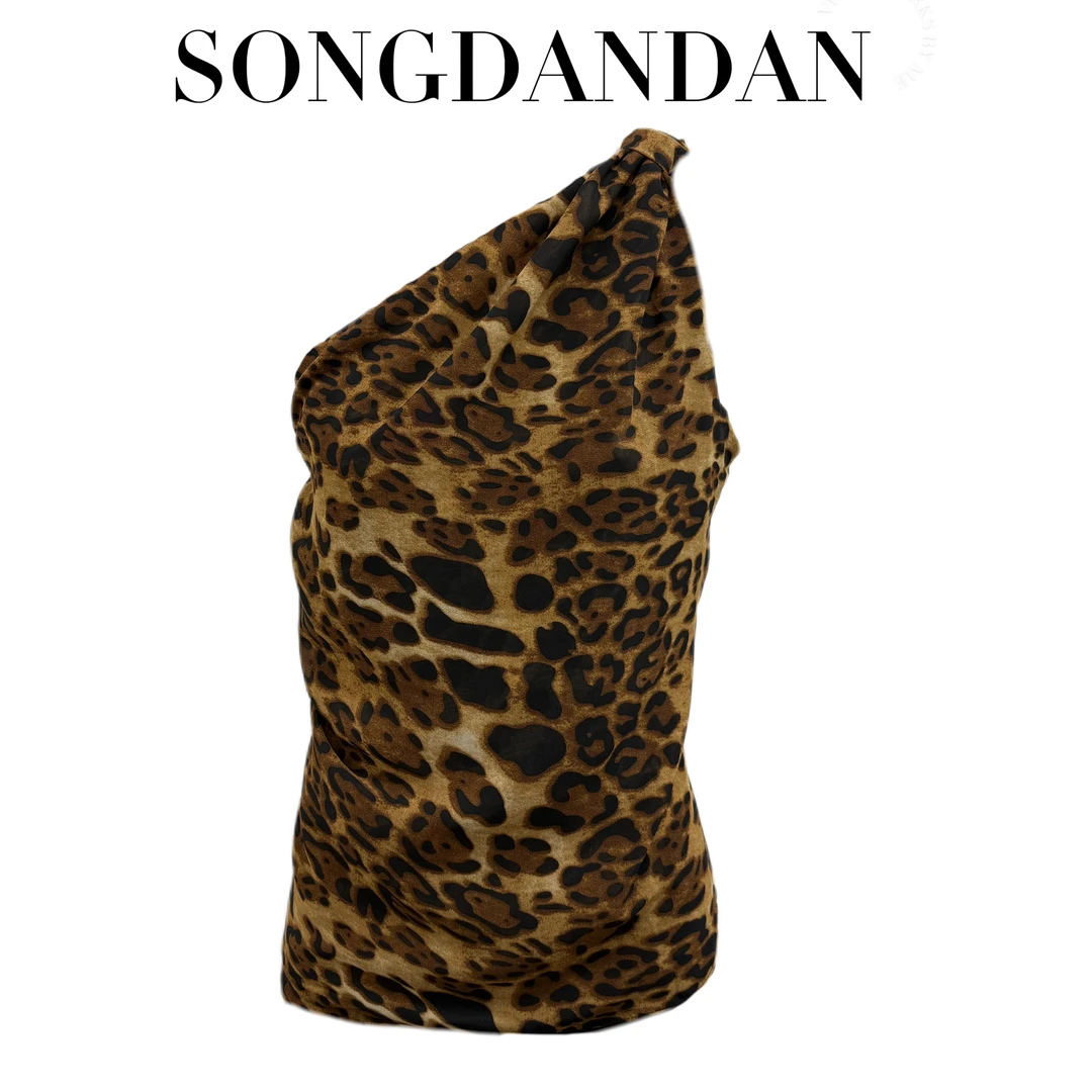 【DDS】斜肩褶皱高级女神显瘦遮肉秋冬上衣豹纹气质修身性感印花