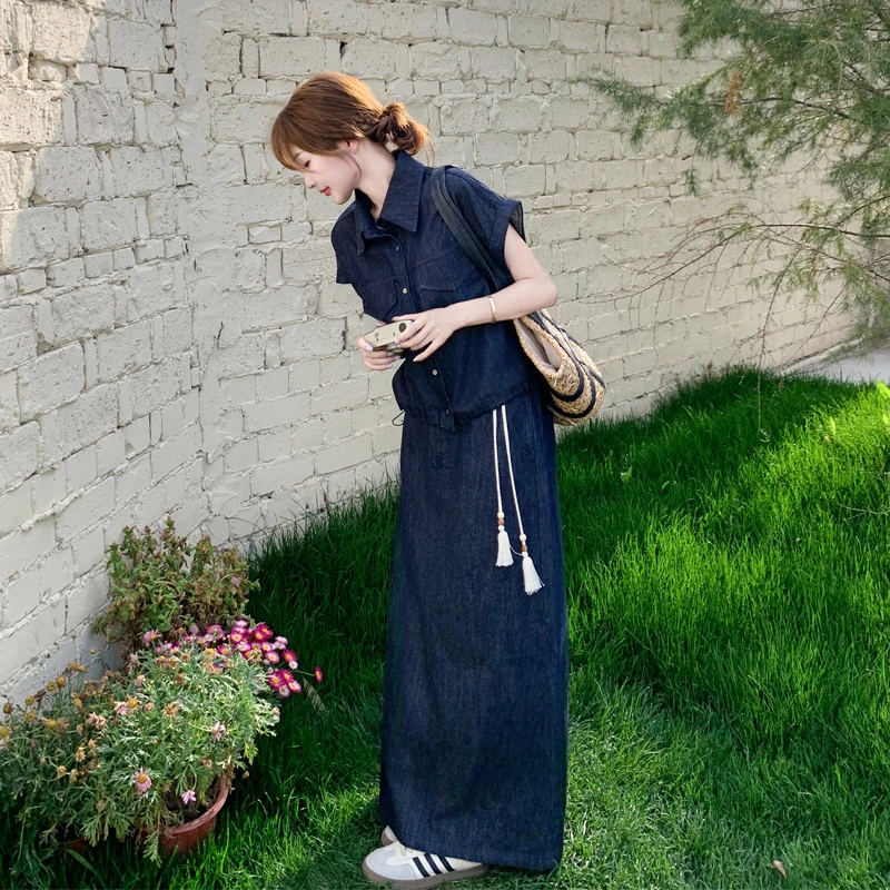 复古港风牛仔套装裙女2025夏季新款盐系甜酷风氛围感半身裙两件套