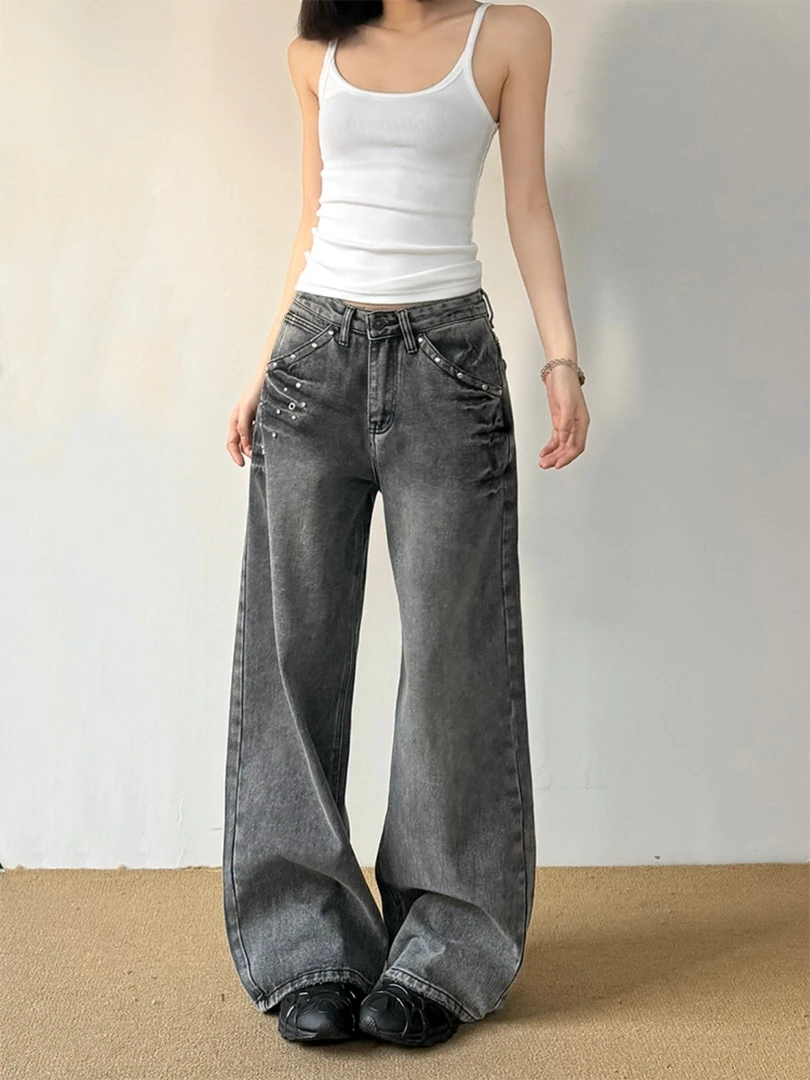 A1MP美式铆钉水洗灰色牛仔裤男女款复古做旧街头直筒阔腿休闲裤子