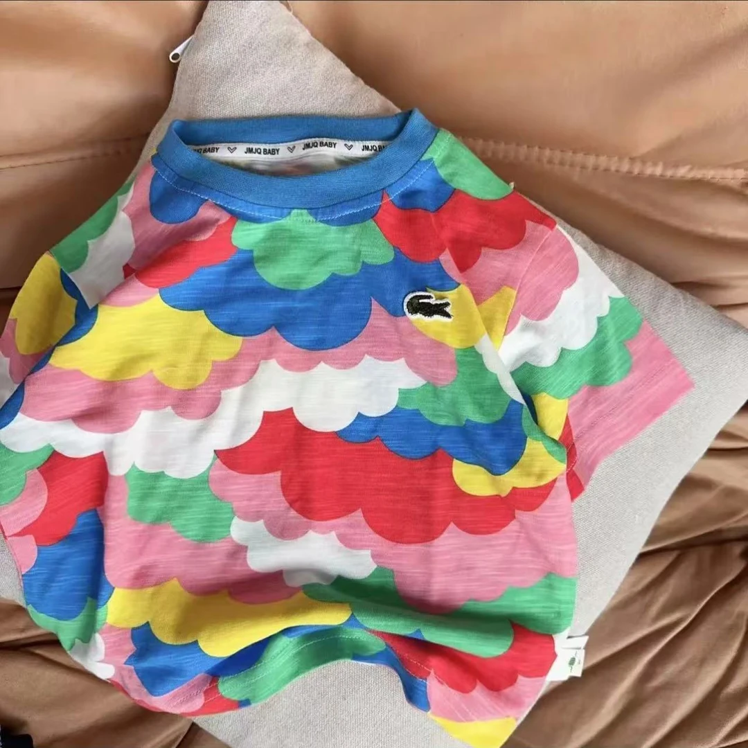 【清仓】韩版男女童纯棉夏季时尚缤纷花彩短袖T恤儿童圆领百搭上衣