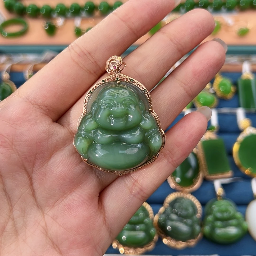 和田玉（碧玉）18K金镶嵌吊坠(不含链)粉青猫眼佛公32mm