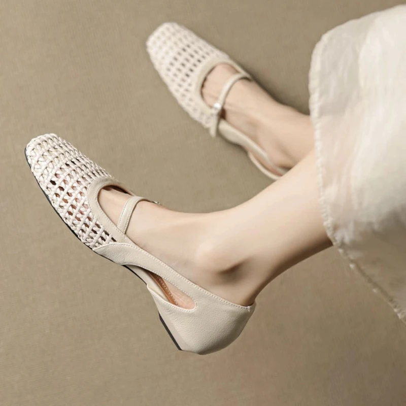 万达撤柜头层牛皮法式镂空编织浅口单鞋夏方头透气洞洞鞋低跟凉鞋