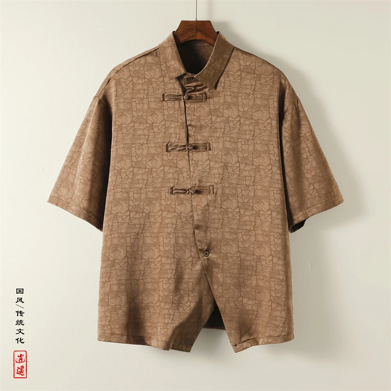 新中式改良汉服上衣男高级感提花冰丝短袖衬衫不规则斜襟宽松衬衣