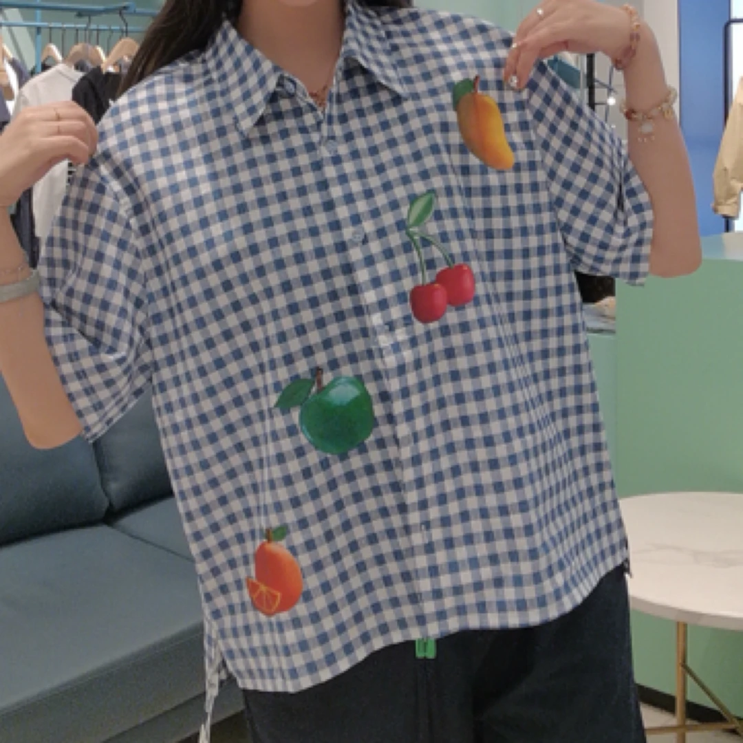 蓝格短袖棉麻上衣