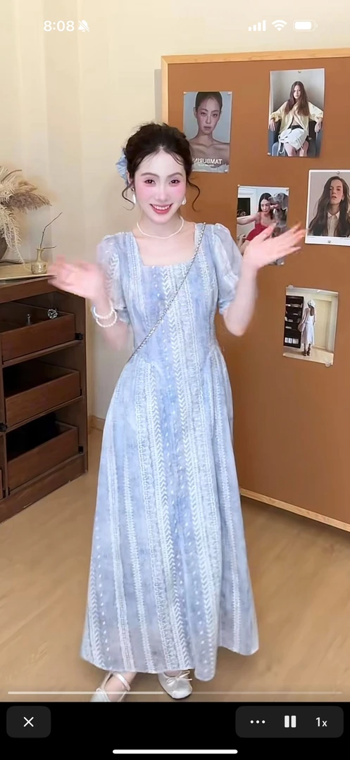 法式方领2025夏季短袖冰蓝闪烁小清新公主裙子甜美连衣裙