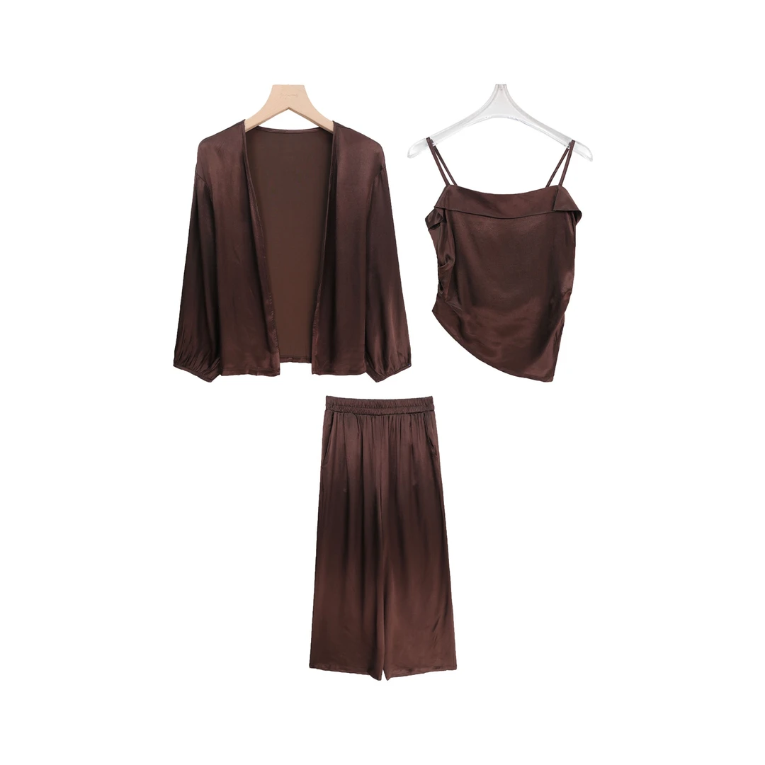 老钱风松弛感灯笼袖外搭吊带阔腿裤套装C14002