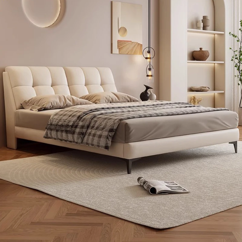 意式轻奢真皮床现代简约主卧室双人床奶油风软包皮艺床家用储物床