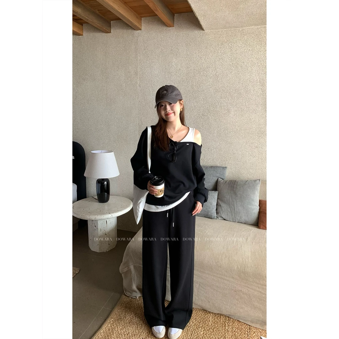 现货大婉酱微胖定制假两件黑色卫衣春季设计感斜肩宽松上衣 6457D