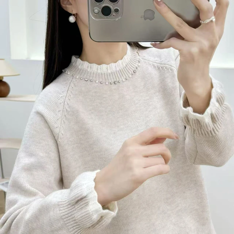 钉珠套头毛衣女甜美秋冬新款时尚洋气宽松网红内搭针织打底衫加厚