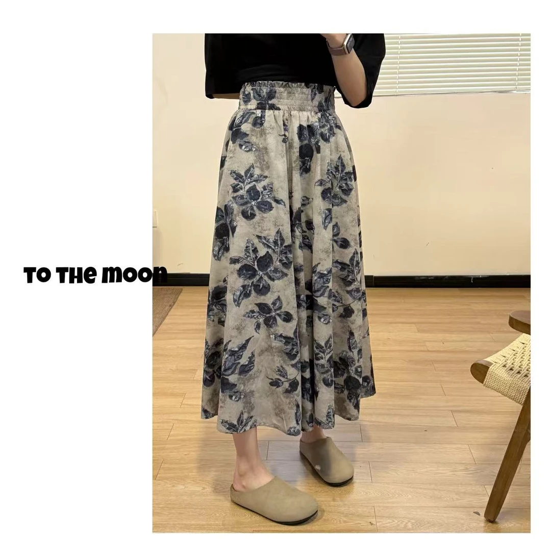 UpSd 原创【约书亚花和乌云】花裙裤灰蓝高腰宽松休闲裤Getmoon