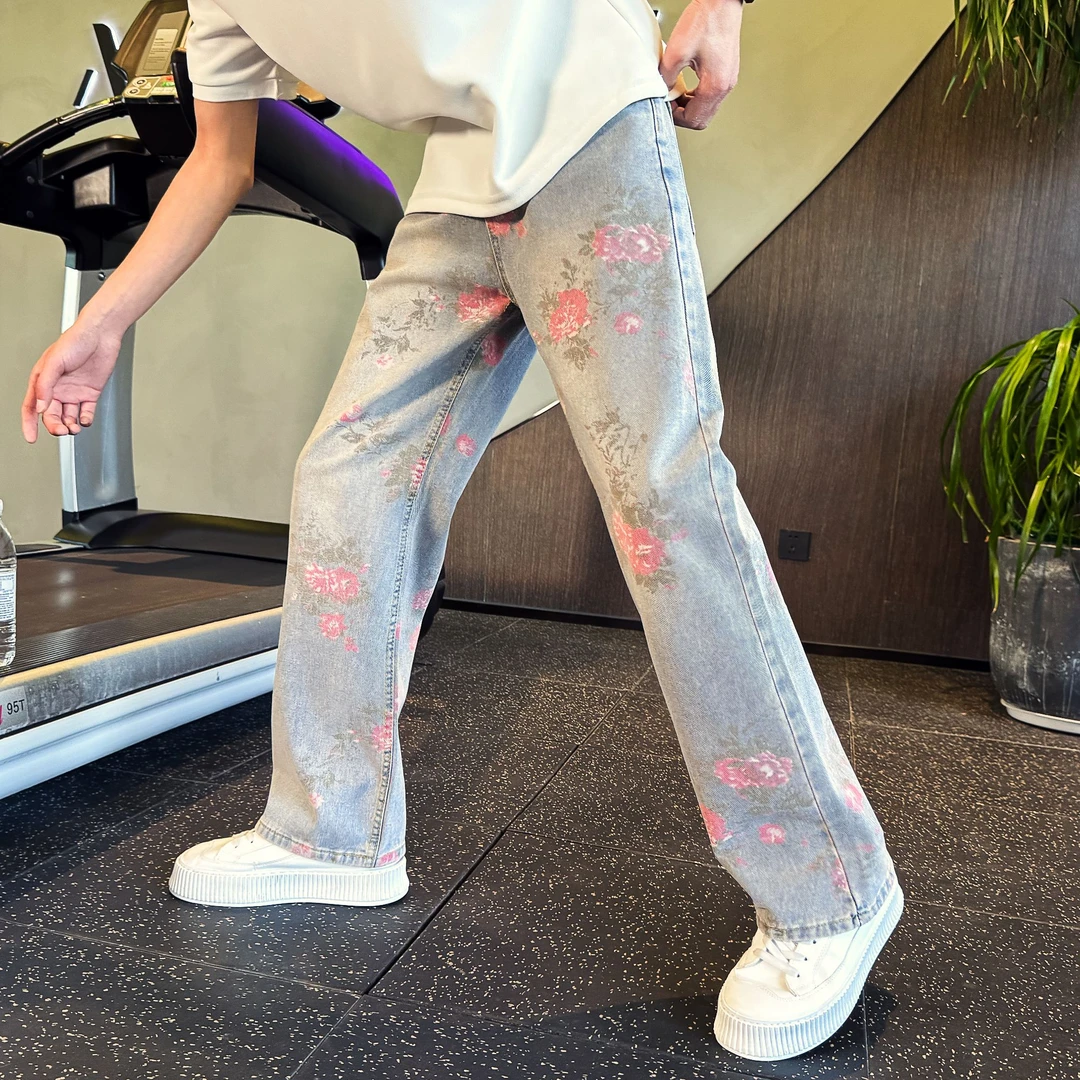 cleanfit牡丹提花牛仔裤男小众设计感新款裤子休闲宽松直筒微喇裤