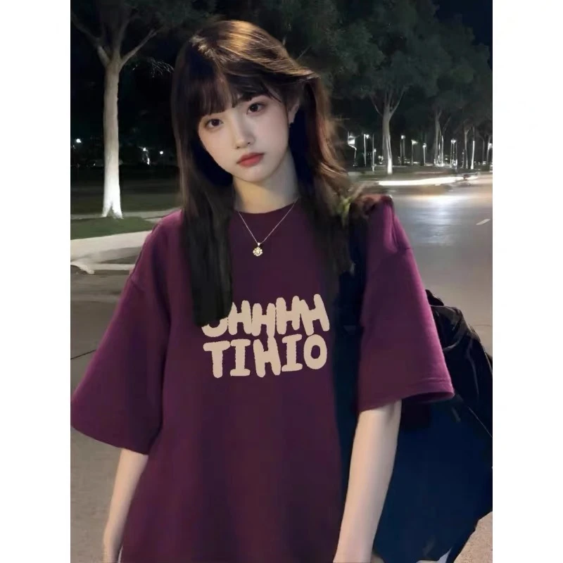 重磅纯棉葡萄紫短袖T恤女夏季oversize设计感小众宽松显白上衣潮