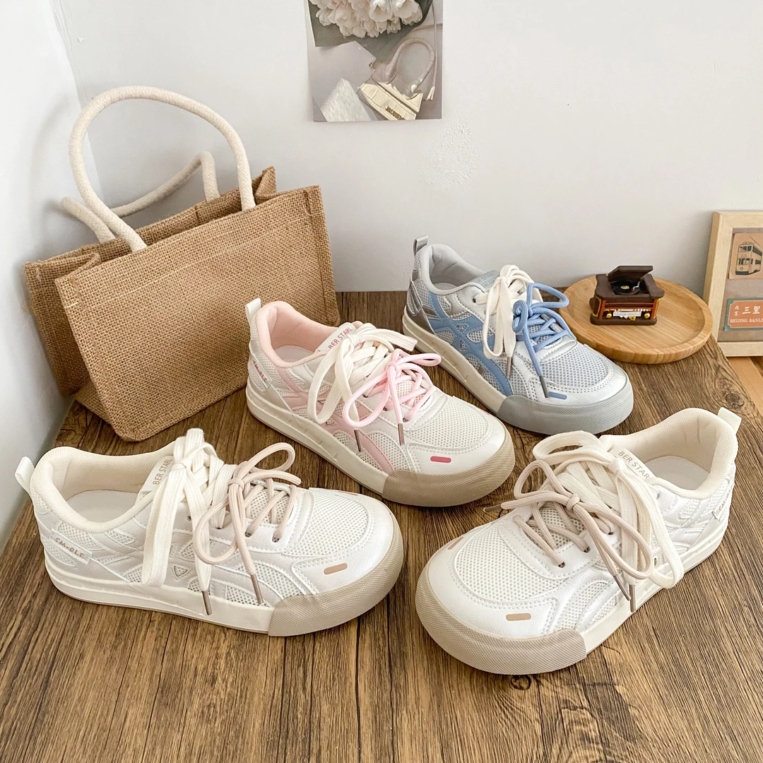 希玥 乳胶鞋垫双鞋带小众设计德训鞋女夏季透气网面小白鞋板鞋