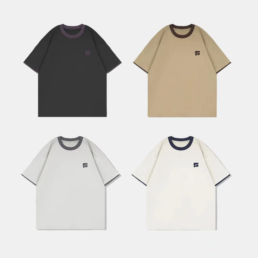 夏季繁花刺绣LOGO双色领液氨棉短袖T恤凉感情侣宽松F47#1