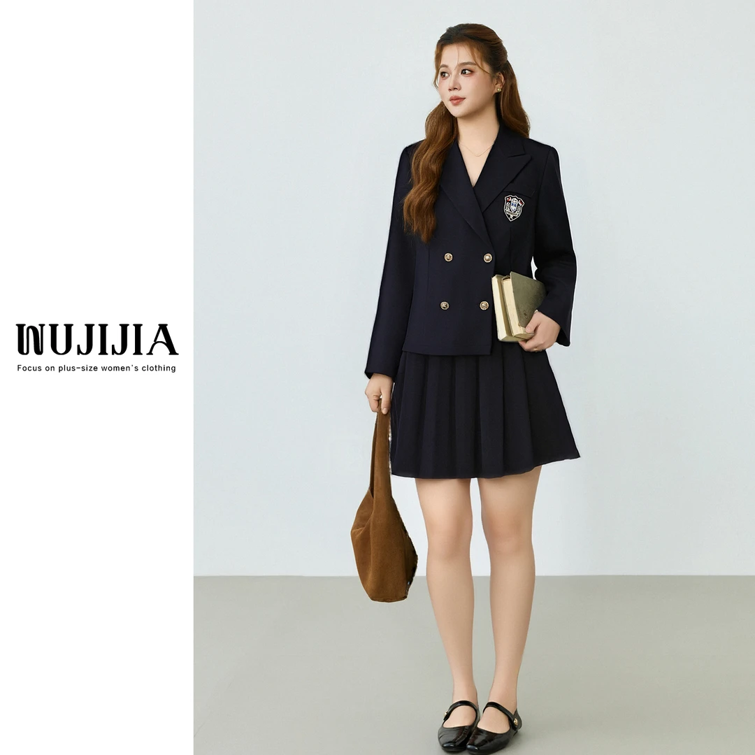 五季家气质穿搭时尚藏青色套装秋冬大码女装jkZL109595学院风外套